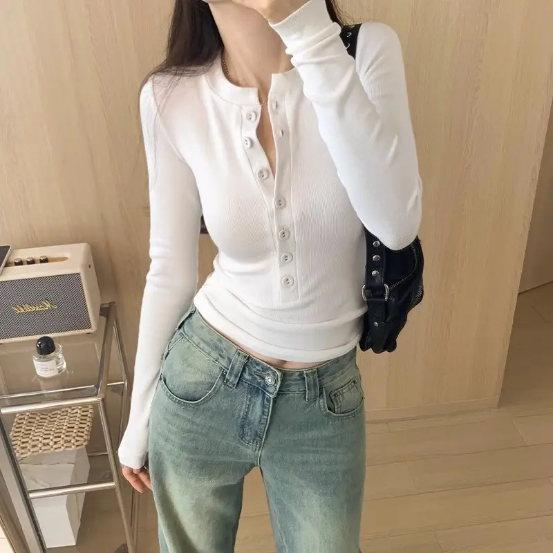 Cross-Border 92 Cotton Stylish V-Neck Button Ribbed Long-Sleeve T-Shirt for Women, Suitable for Spring, Autumn, and Winter, Pure Desire Slim-Fit Base Layer Top