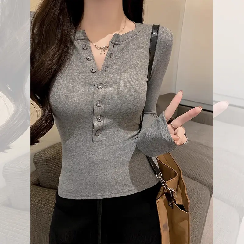 Cross-Border 92 Cotton Stylish V-Neck Button Ribbed Long-Sleeve T-Shirt for Women, Suitable for Spring, Autumn, and Winter, Pure Desire Slim-Fit Base Layer Top