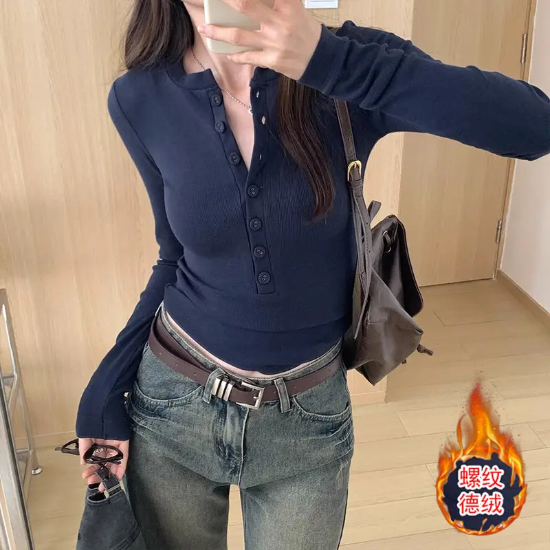 Cross-Border 92 Cotton Stylish V-Neck Button Ribbed Long-Sleeve T-Shirt for Women, Suitable for Spring, Autumn, and Winter, Pure Desire Slim-Fit Base Layer Top