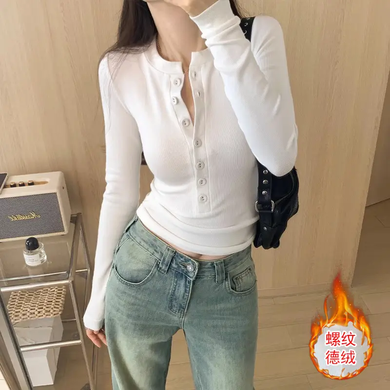 Cross-Border 92 Cotton Stylish V-Neck Button Ribbed Long-Sleeve T-Shirt for Women, Suitable for Spring, Autumn, and Winter, Pure Desire Slim-Fit Base Layer Top