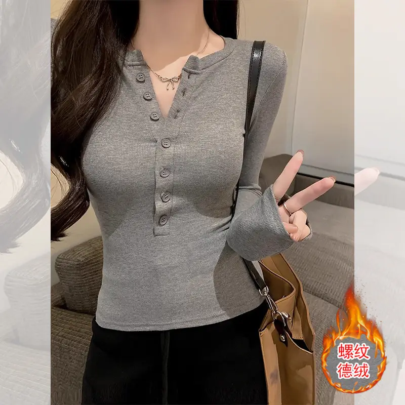 Cross-Border 92 Cotton Stylish V-Neck Button Ribbed Long-Sleeve T-Shirt for Women, Suitable for Spring, Autumn, and Winter, Pure Desire Slim-Fit Base Layer Top