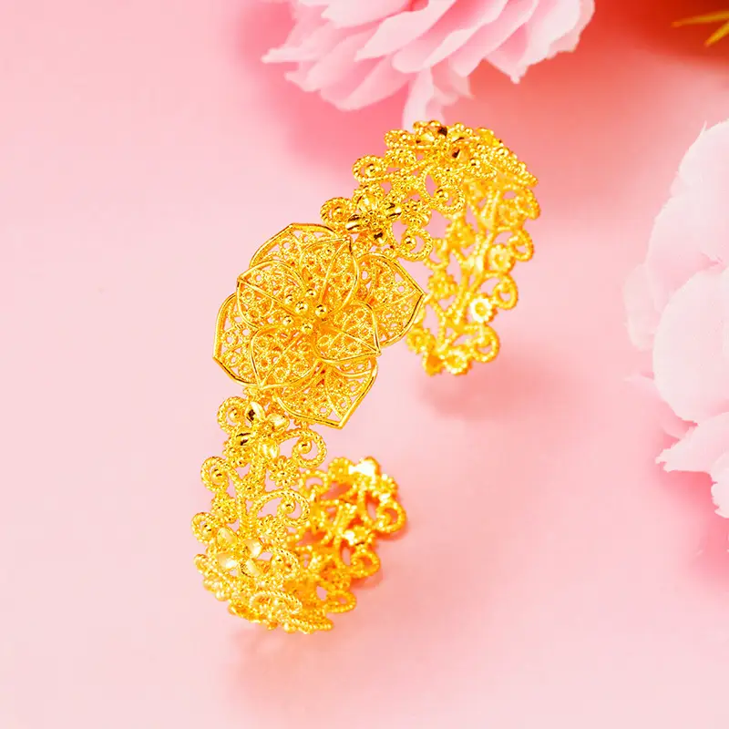 Brass Gold-Plated Rose Flower Bracelet, Vietnamese Gold-Plated Imitation Gold Hollow Filigree Ethnic Style Hand Jewelry for Women Wholesale - Image 6