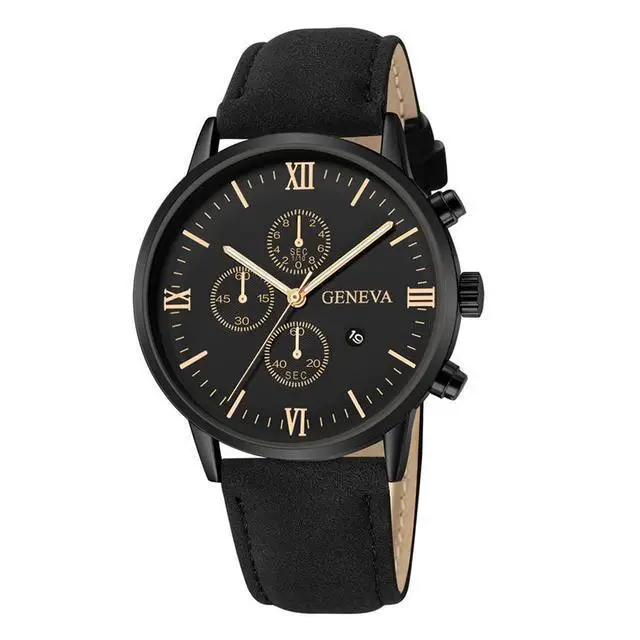 Cross-Border Popular Men's Leather Belt Watch with Calendar, Fake Three-Dial Business Men's Wristwatch, High-End Quartz Watch Wholesale