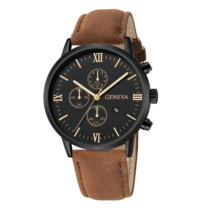 Cross-Border Popular Men's Leather Belt Watch with Calendar, Fake Three-Dial Business Men's Wristwatch, High-End Quartz Watch Wholesale