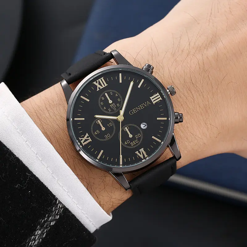 Cross-Border Popular Men's Leather Belt Watch with Calendar, Fake Three-Dial Business Men's Wristwatch, High-End Quartz Watch Wholesale — feature 1