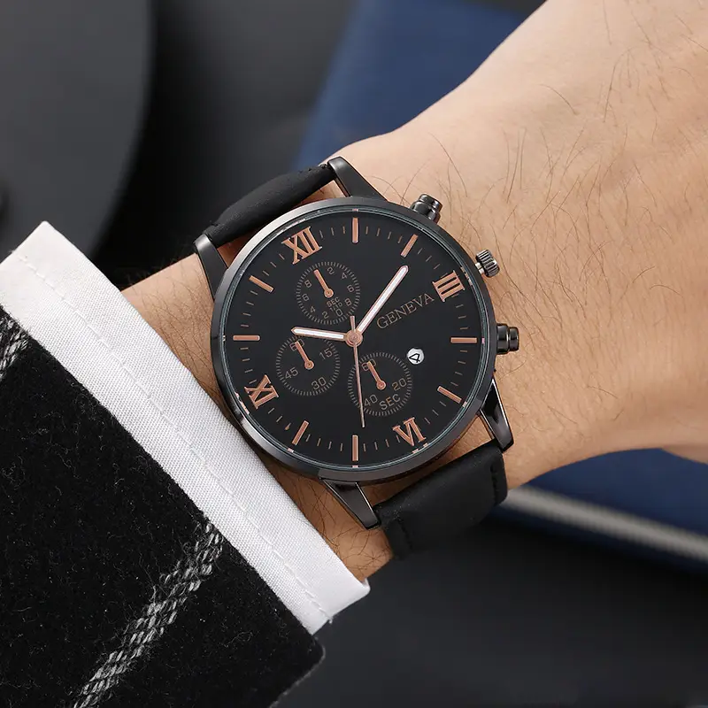 Cross-Border Popular Men's Leather Belt Watch with Calendar, Fake Three-Dial Business Men's Wristwatch, High-End Quartz Watch Wholesale — feature 2