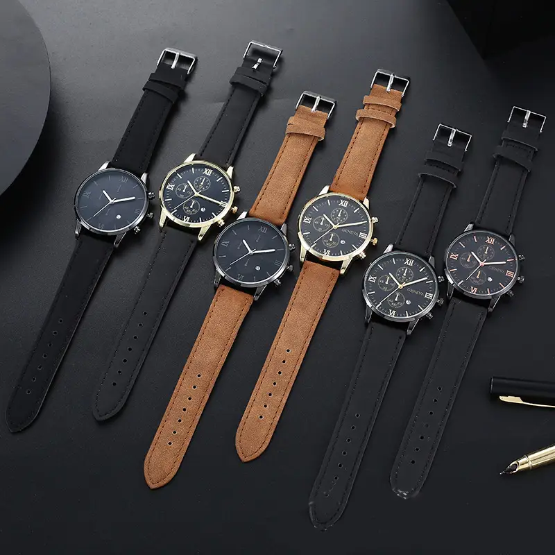 Cross-Border Popular Men's Leather Belt Watch with Calendar, Fake Three-Dial Business Men's Wristwatch, High-End Quartz Watch Wholesale — feature 3