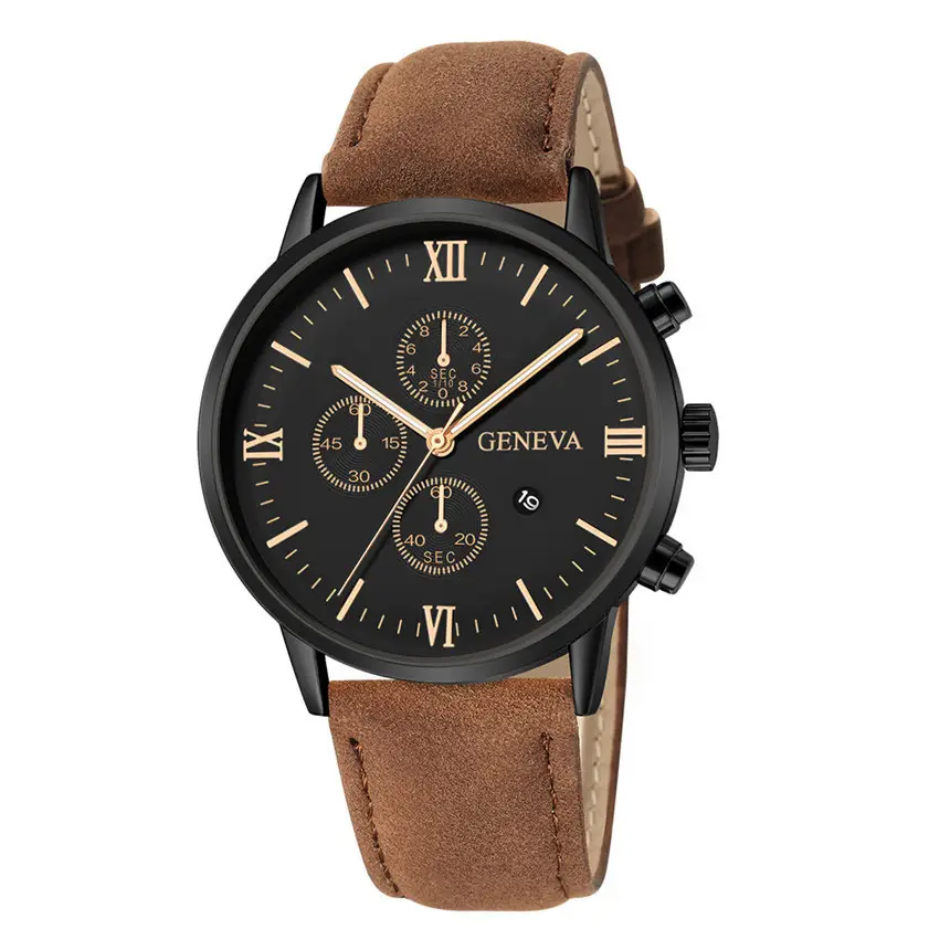 Cross-Border Popular Men's Leather Belt Watch with Calendar, Fake Three-Dial Business Men's Wristwatch, High-End Quartz Watch Wholesale — feature 5