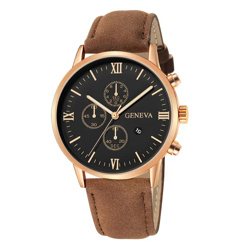 Cross-Border Popular Men's Leather Belt Watch with Calendar, Fake Three-Dial Business Men's Wristwatch, High-End Quartz Watch Wholesale — feature 7