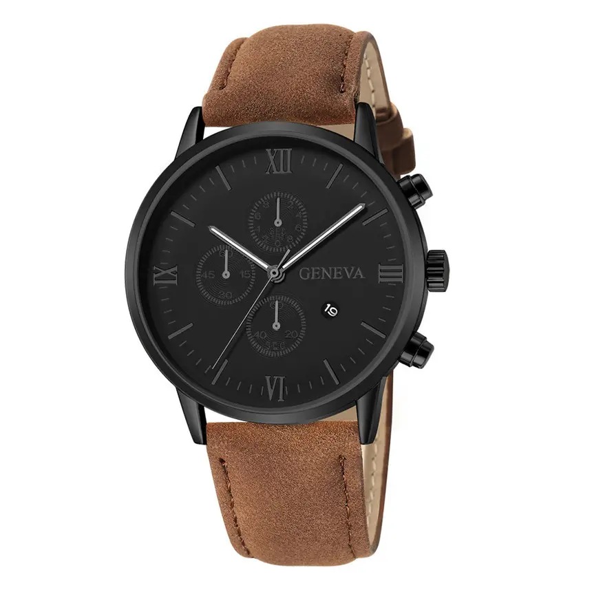 Cross-Border Popular Men's Leather Belt Watch with Calendar, Fake Three-Dial Business Men's Wristwatch, High-End Quartz Watch Wholesale — feature 8