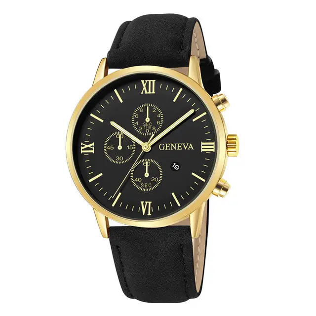 Cross-Border Popular Men's Leather Belt Watch with Calendar, Fake Three-Dial Business Men's Wristwatch, High-End Quartz Watch Wholesale