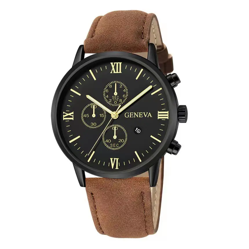 Cross-Border Popular Men's Leather Belt Watch with Calendar, Fake Three-Dial Business Men's Wristwatch, High-End Quartz Watch Wholesale