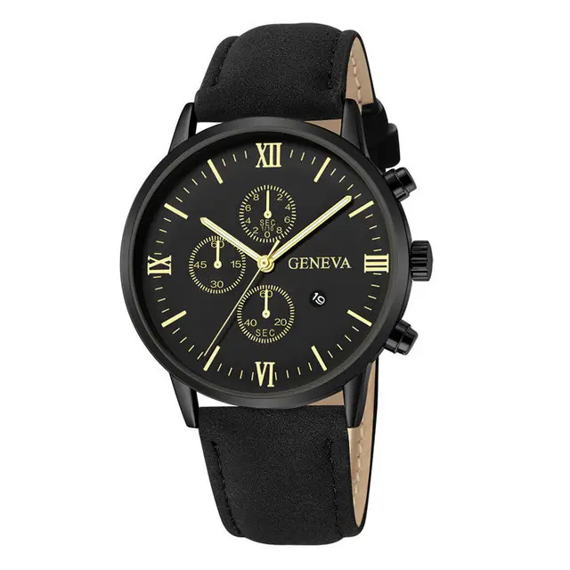 Cross-Border Popular Men's Leather Belt Watch with Calendar, Fake Three-Dial Business Men's Wristwatch, High-End Quartz Watch Wholesale