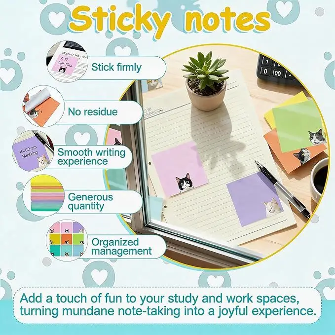 Cross-Border Colorful Cat Sticky Notes with Strong Adhesive, Solid Color Sticky Notes, Creative Cute Small Notebooks for Students to Use — feature 14