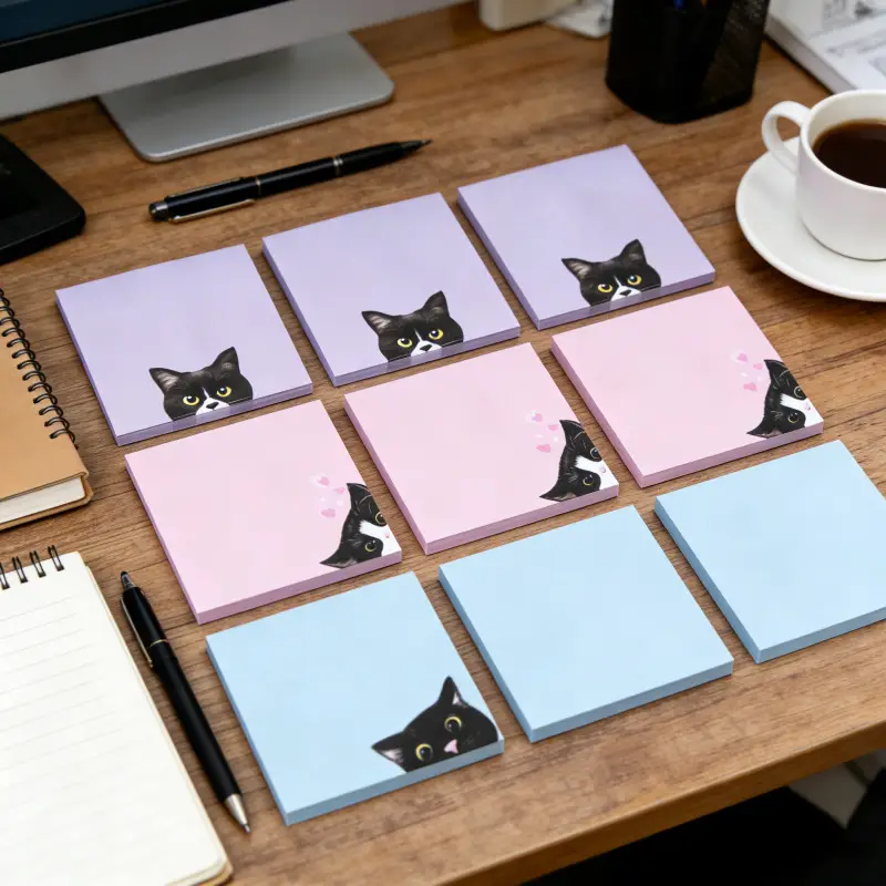Cross-Border Colorful Cat Sticky Notes with Strong Adhesive, Solid Color Sticky Notes, Creative Cute Small Notebooks for Students to Use