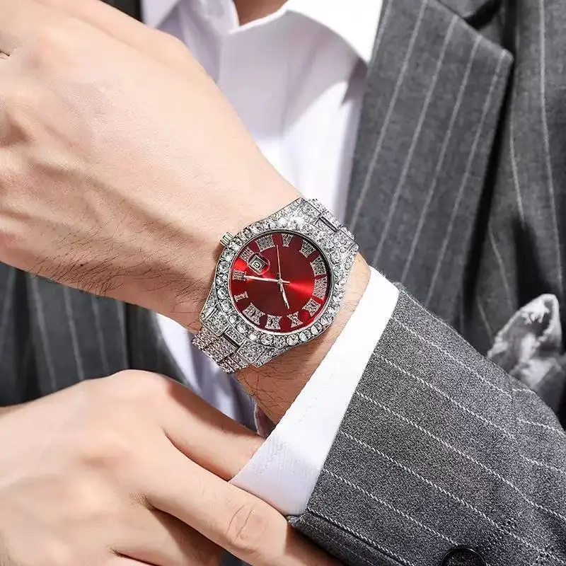 Cross-Border Hot-Selling Men's Watches Wholesale Steel Band Calendar Roman Diamond-Encrusted Quartz Watches European and American Hot-Selling Hip-Hop Watches - Image 13