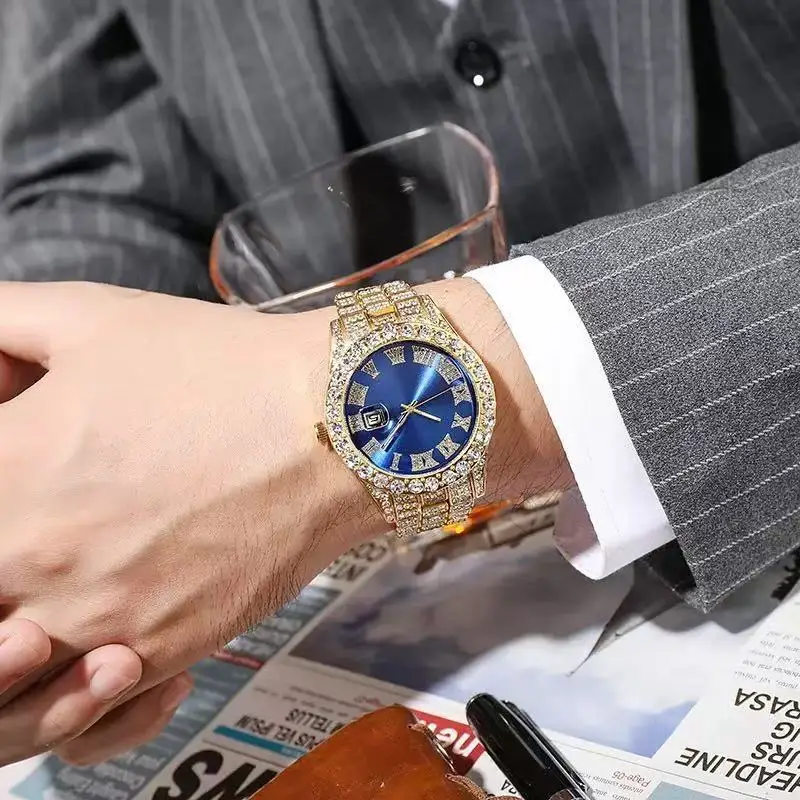 Cross-Border Hot-Selling Men's Watches Wholesale Steel Band Calendar Roman Diamond-Encrusted Quartz Watches European and American Hot-Selling Hip-Hop Watches - Image 14