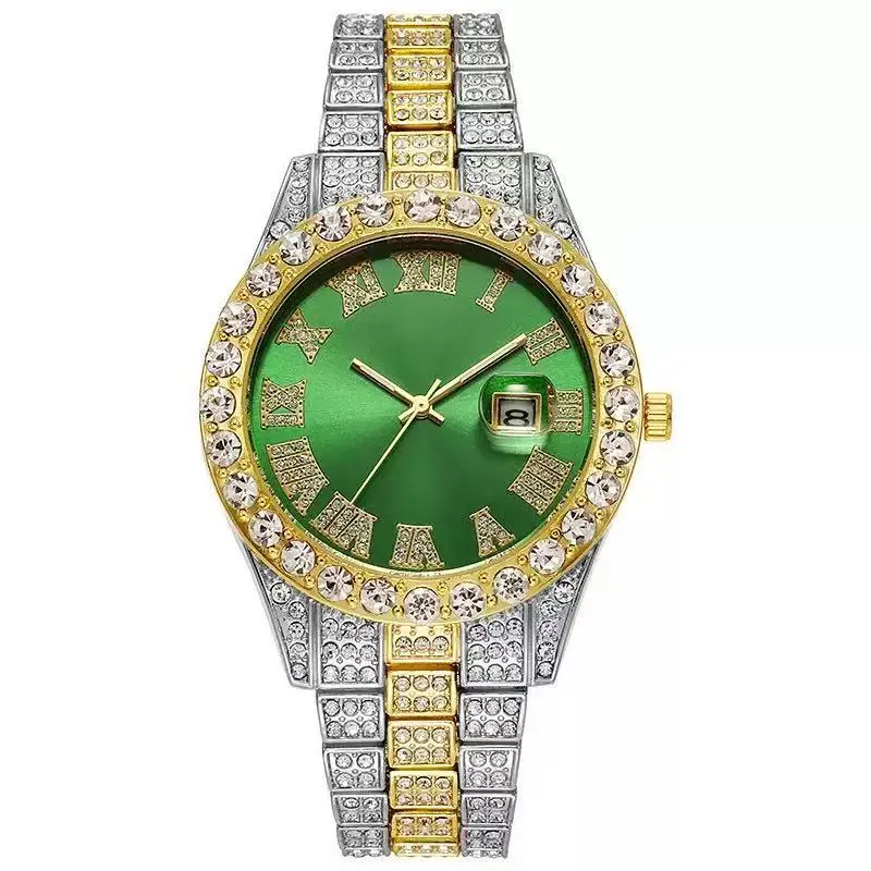Cross-Border Hot-Selling Men's Watches Wholesale Steel Band Calendar Roman Diamond-Encrusted Quartz Watches European and American Hot-Selling Hip-Hop Watches — feature 10