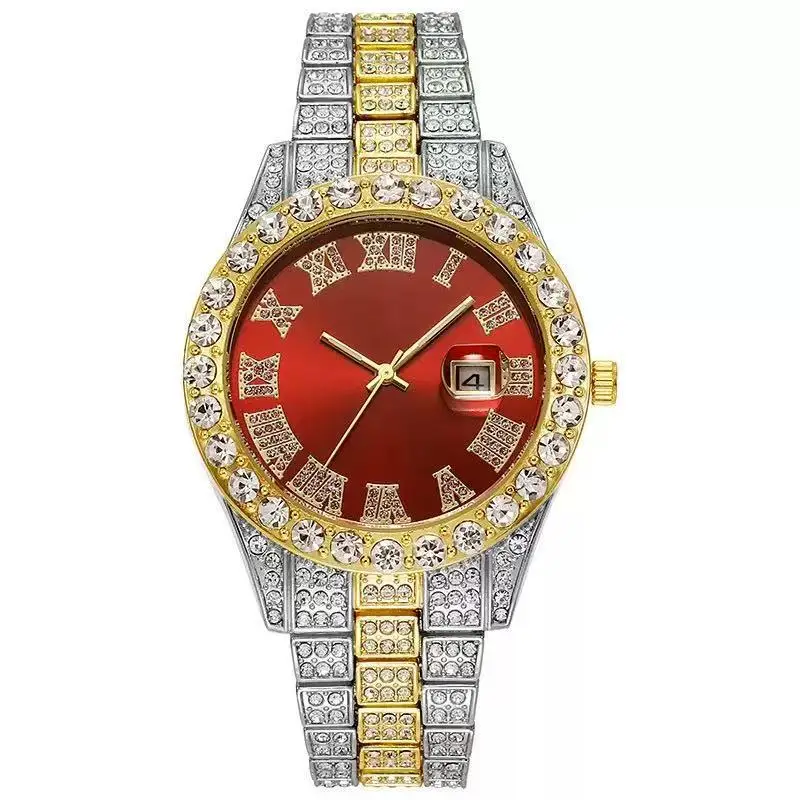 Cross-Border Hot-Selling Men's Watches Wholesale Steel Band Calendar Roman Diamond-Encrusted Quartz Watches European and American Hot-Selling Hip-Hop Watches — feature 11