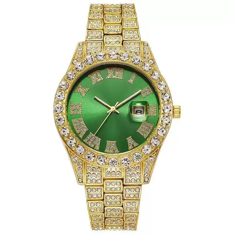 Cross-Border Hot-Selling Men's Watches Wholesale Steel Band Calendar Roman Diamond-Encrusted Quartz Watches European and American Hot-Selling Hip-Hop Watches — feature 4