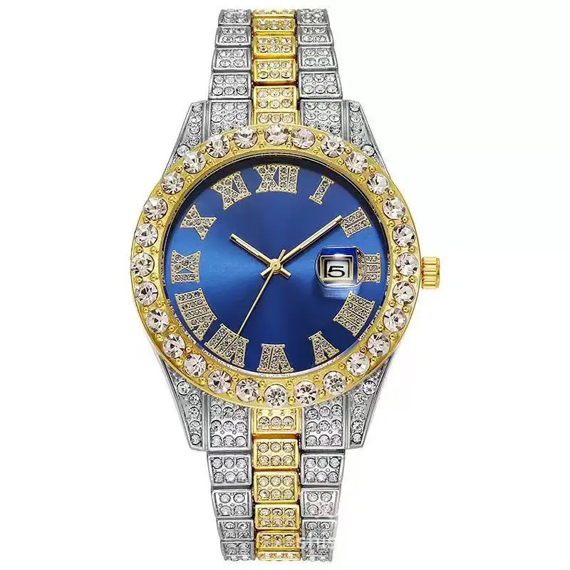 Cross-Border Hot-Selling Men's Watches Wholesale Steel Band Calendar Roman Diamond-Encrusted Quartz Watches European and American Hot-Selling Hip-Hop Watches — feature 9