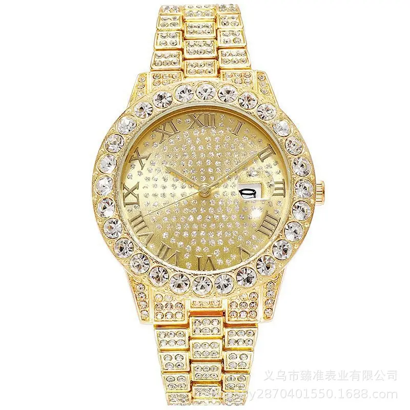 Cross-Border Hot-Selling Men's Watches Wholesale Steel Band Calendar Roman Diamond-Encrusted Quartz Watches European and American Hot-Selling Hip-Hop Watches - Image 10