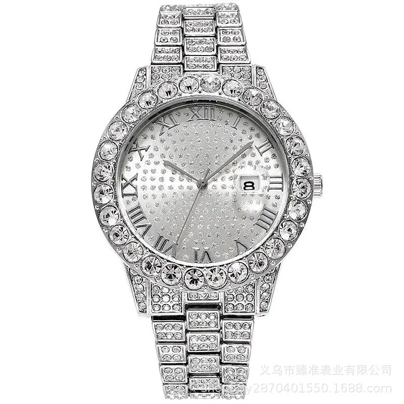 Cross-Border Hot-Selling Men's Watches Wholesale Steel Band Calendar Roman Diamond-Encrusted Quartz Watches European and American Hot-Selling Hip-Hop Watches - Image 11
