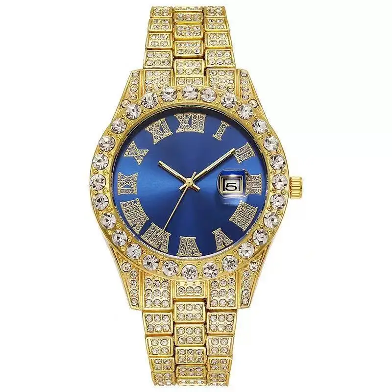Cross-Border Hot-Selling Men's Watches Wholesale Steel Band Calendar Roman Diamond-Encrusted Quartz Watches European and American Hot-Selling Hip-Hop Watches - Image 5