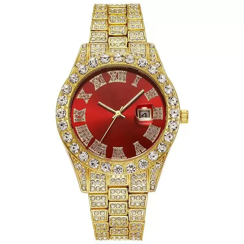 Cross-Border Hot-Selling Men's Watches Wholesale Steel Band Calendar Roman Diamond-Encrusted Quartz Watches European and American Hot-Selling Hip-Hop Watches - Image 6