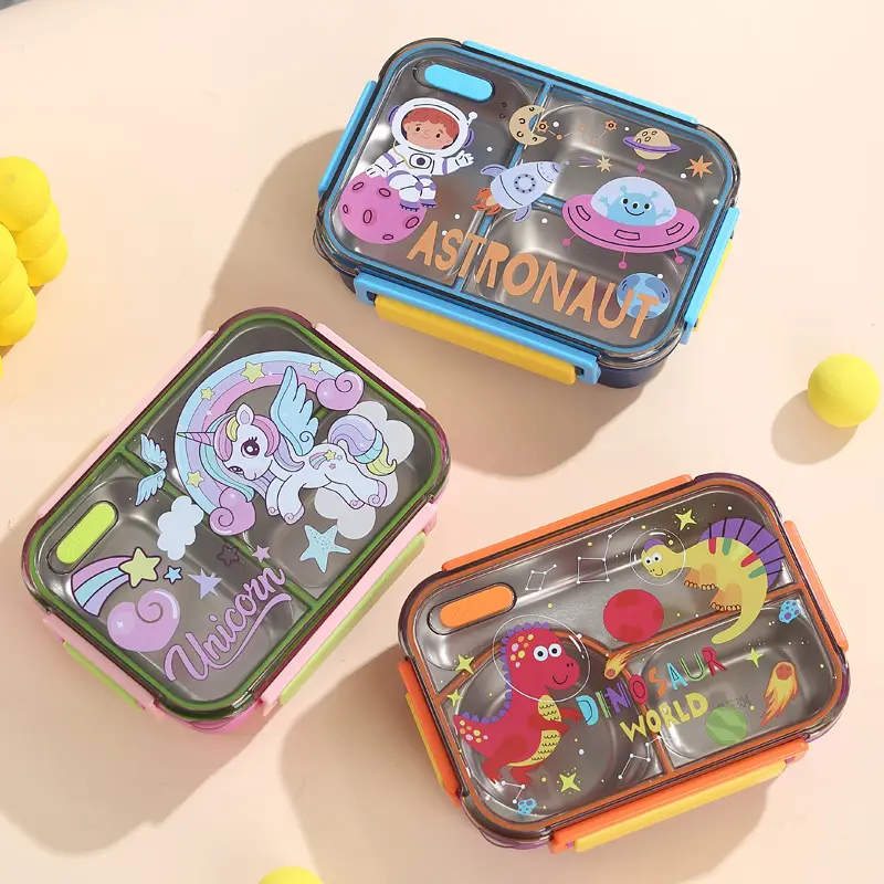 Cartoon Dinosaur, Football, Unicorn, Astronaut, Cute Children's Food-Grade Lunch Box, Stainless Steel Lunch Box with Compartments