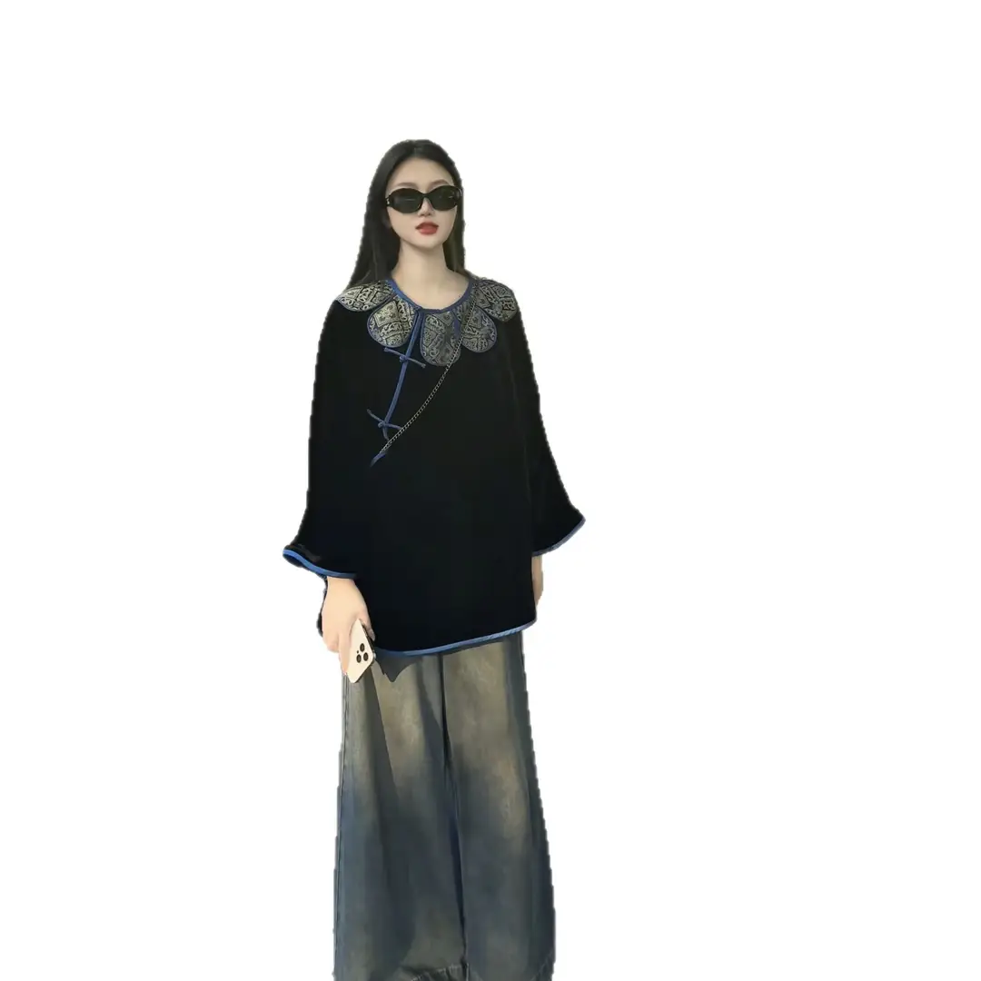 New Chinese-Style National Style Suit for Women, Autumn High-End Velvet Embroidered Button-Down Tang Suit Shirt and Jeans Two-Piece Set Trendy - Image 6