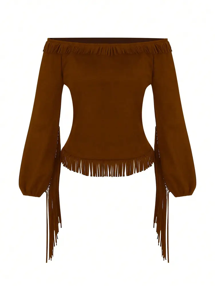 Amazon Cross-Border 2025 New Model Halloween Fashion Retro Western Gothic Style Off-Shoulder Tassel Women's Top — feature 12