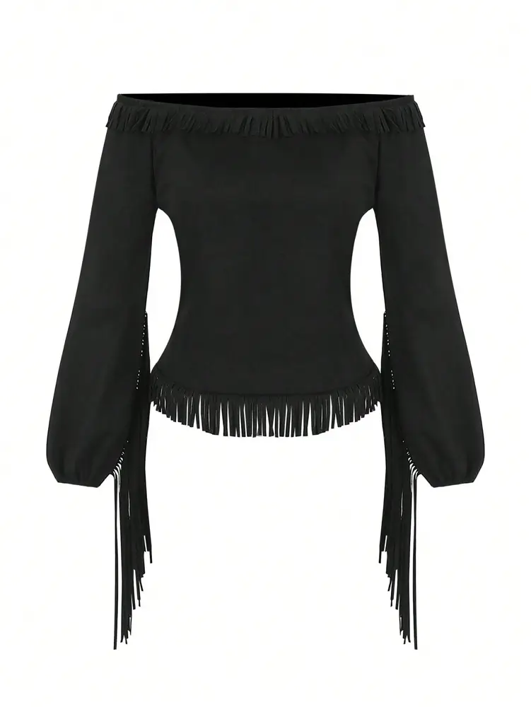 Amazon Cross-Border 2025 New Model Halloween Fashion Retro Western Gothic Style Off-Shoulder Tassel Women's Top — feature 5