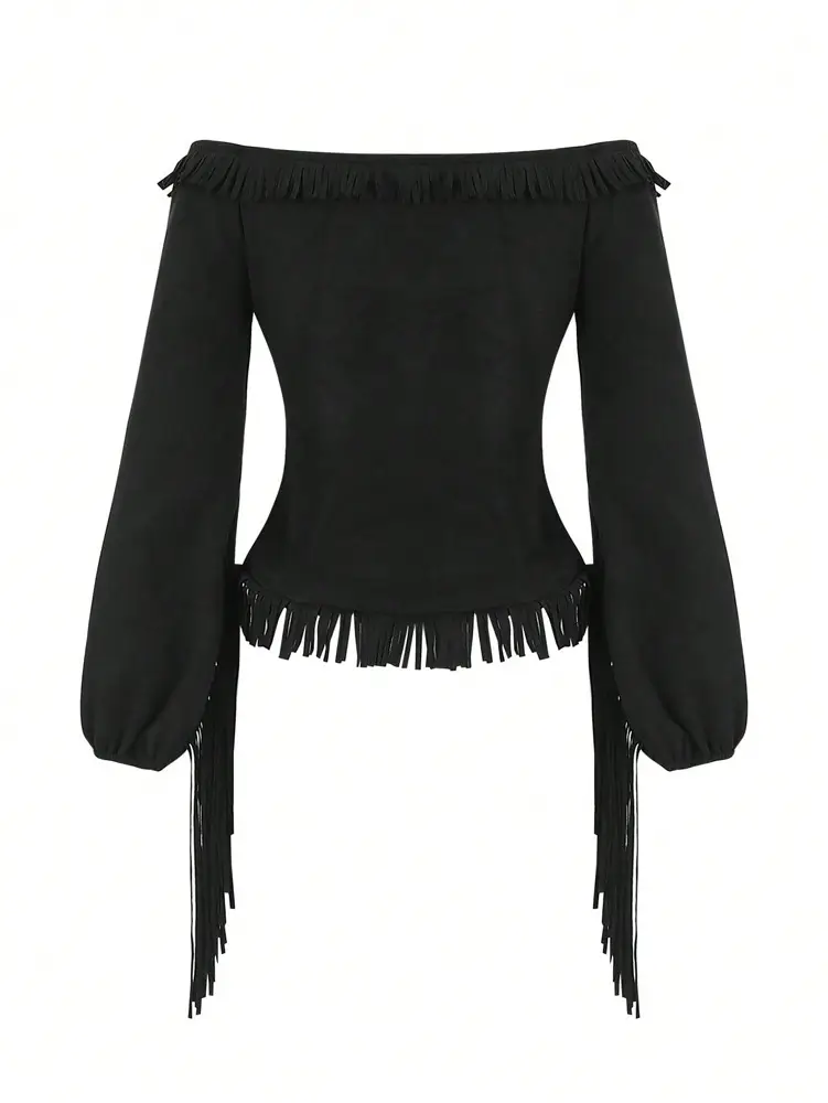Amazon Cross-Border 2025 New Model Halloween Fashion Retro Western Gothic Style Off-Shoulder Tassel Women's Top — feature 6