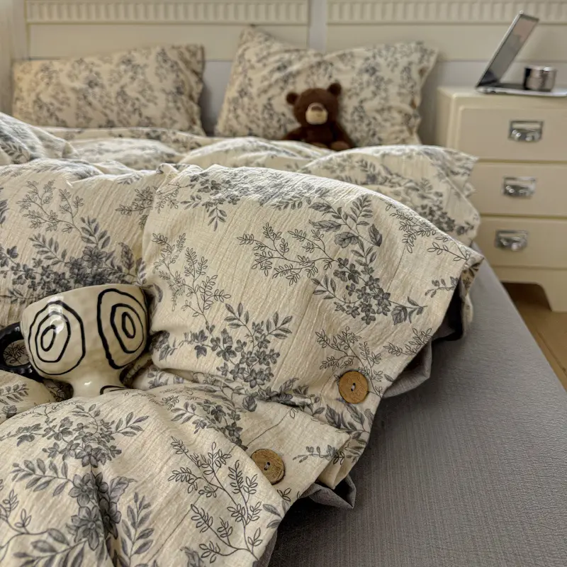 New Retro-Style Buttoned Linen Cotton Four-Piece Set Pure Cotton Single Bed Sheet Duvet Cover Dormitory Bedding