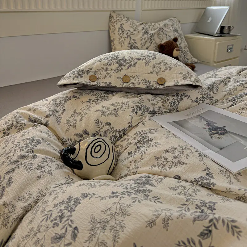 New Retro-Style Buttoned Linen Cotton Four-Piece Set Pure Cotton Single Bed Sheet Duvet Cover Dormitory Bedding