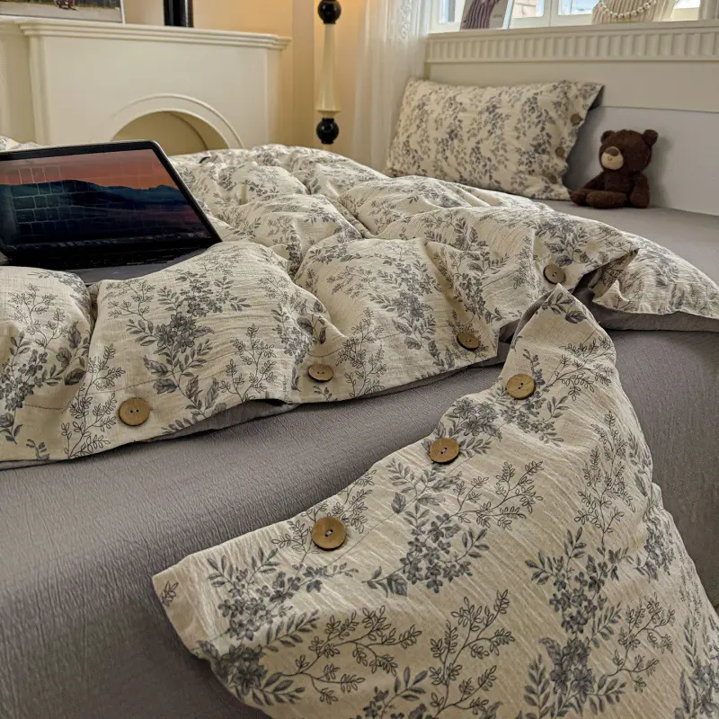New Retro-Style Buttoned Linen Cotton Four-Piece Set Pure Cotton Single Bed Sheet Duvet Cover Dormitory Bedding