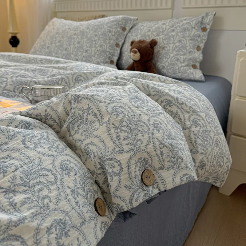 New Retro-Style Buttoned Linen Cotton Four-Piece Set Pure Cotton Single Bed Sheet Duvet Cover Dormitory Bedding