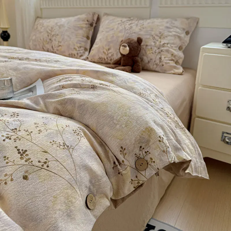 New Retro-Style Buttoned Linen Cotton Four-Piece Set Pure Cotton Single Bed Sheet Duvet Cover Dormitory Bedding