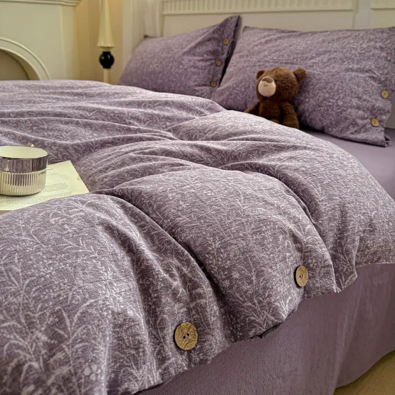New Retro-Style Buttoned Linen Cotton Four-Piece Set Pure Cotton Single Bed Sheet Duvet Cover Dormitory Bedding
