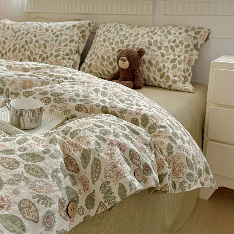 New Retro-Style Buttoned Linen Cotton Four-Piece Set Pure Cotton Single Bed Sheet Duvet Cover Dormitory Bedding