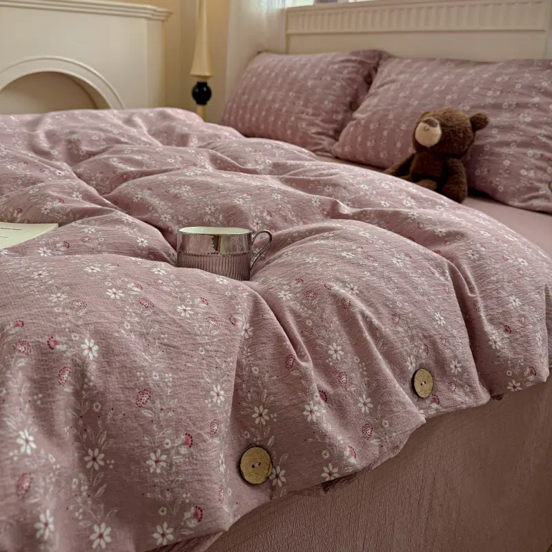 New Retro-Style Buttoned Linen Cotton Four-Piece Set Pure Cotton Single Bed Sheet Duvet Cover Dormitory Bedding
