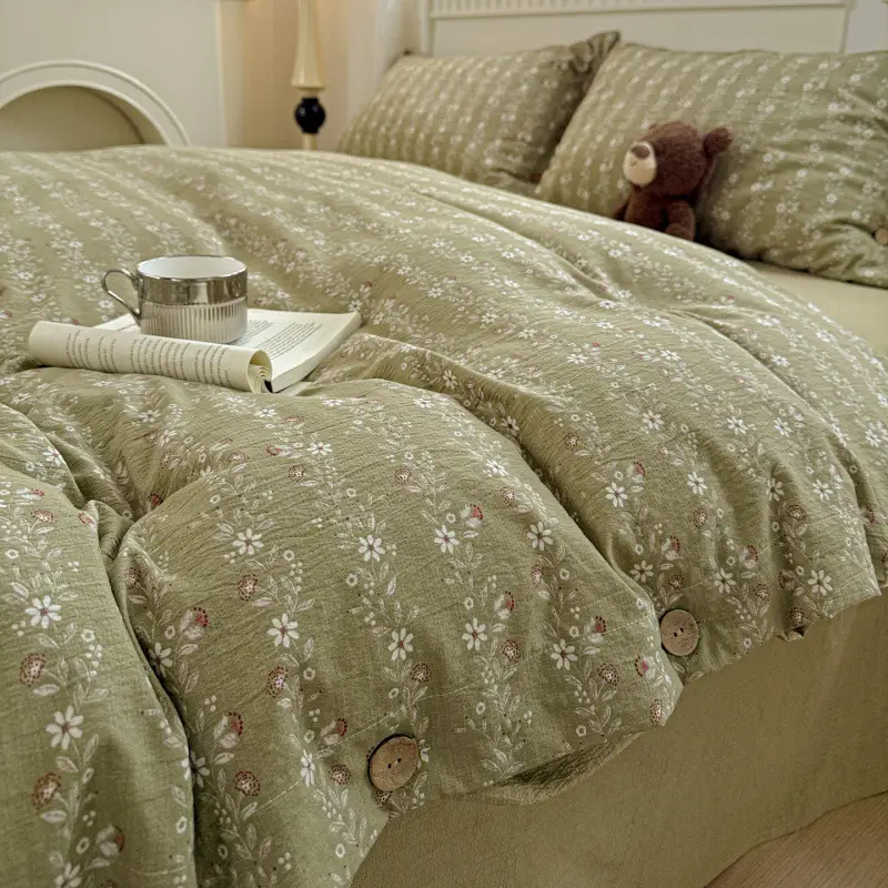 New Retro-Style Buttoned Linen Cotton Four-Piece Set Pure Cotton Single Bed Sheet Duvet Cover Dormitory Bedding