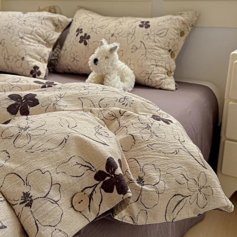 New Retro-Style Buttoned Linen Cotton Four-Piece Set Pure Cotton Single Bed Sheet Duvet Cover Dormitory Bedding