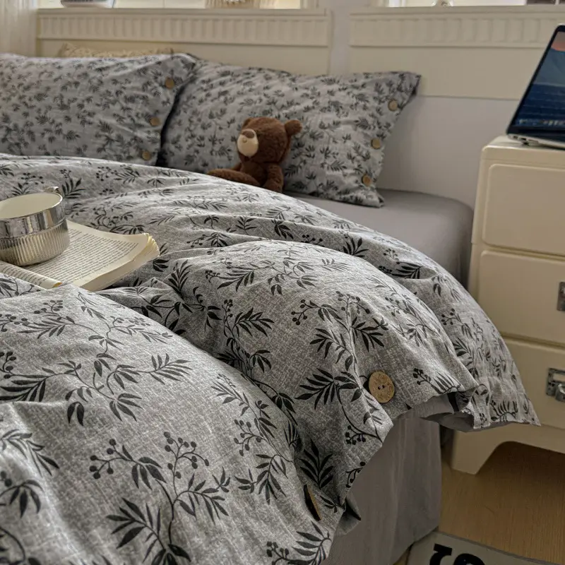 New Retro-Style Buttoned Linen Cotton Four-Piece Set Pure Cotton Single Bed Sheet Duvet Cover Dormitory Bedding