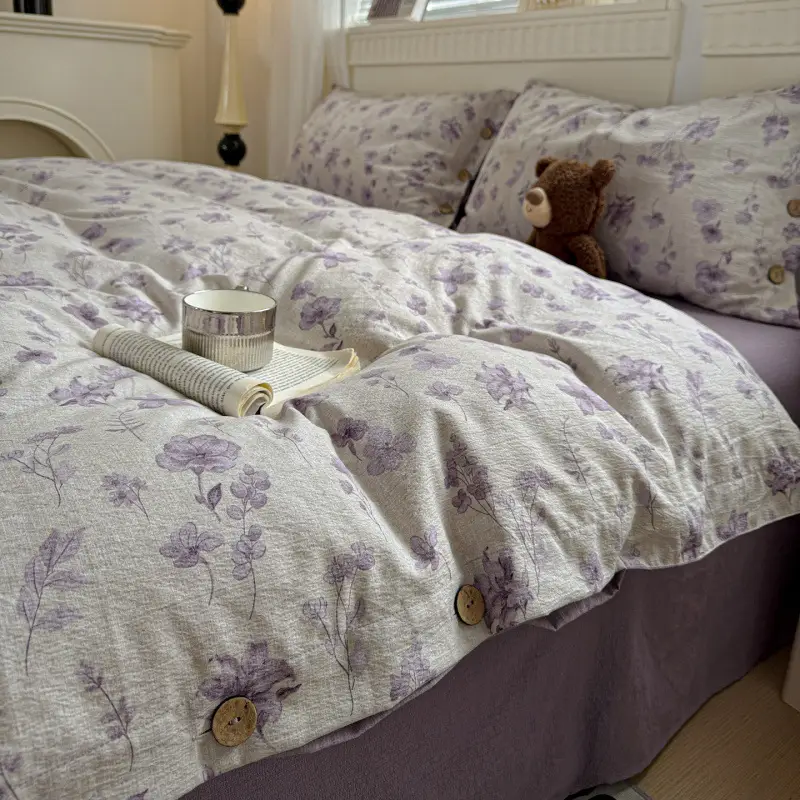 New Retro-Style Buttoned Linen Cotton Four-Piece Set Pure Cotton Single Bed Sheet Duvet Cover Dormitory Bedding