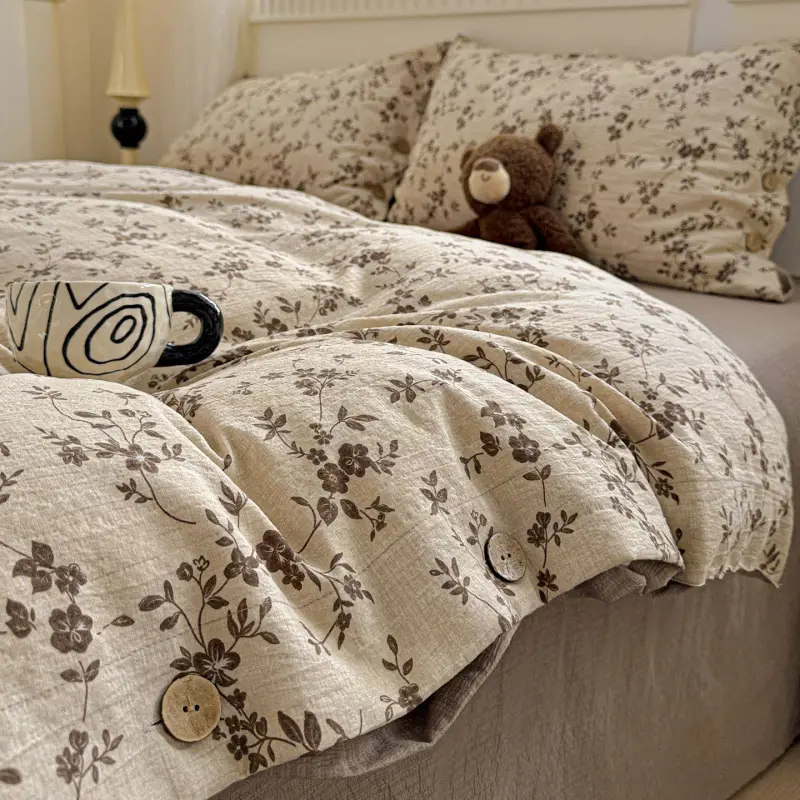 New Retro-Style Buttoned Linen Cotton Four-Piece Set Pure Cotton Single Bed Sheet Duvet Cover Dormitory Bedding