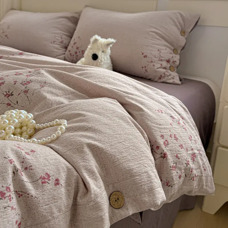 New Retro-Style Buttoned Linen Cotton Four-Piece Set Pure Cotton Single Bed Sheet Duvet Cover Dormitory Bedding