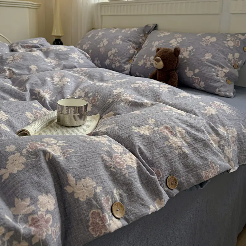New Retro-Style Buttoned Linen Cotton Four-Piece Set Pure Cotton Single Bed Sheet Duvet Cover Dormitory Bedding