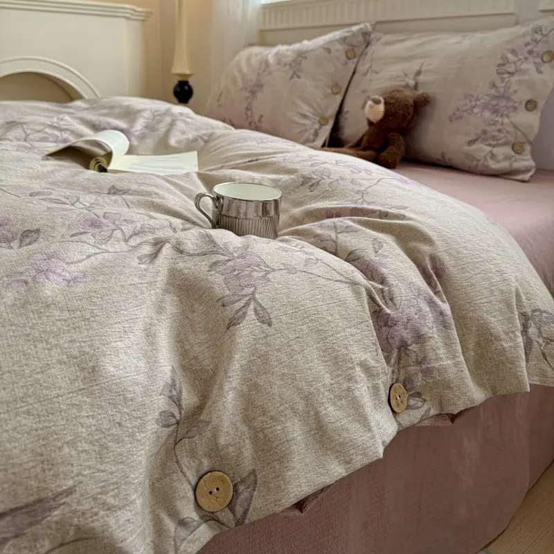 New Retro-Style Buttoned Linen Cotton Four-Piece Set Pure Cotton Single Bed Sheet Duvet Cover Dormitory Bedding